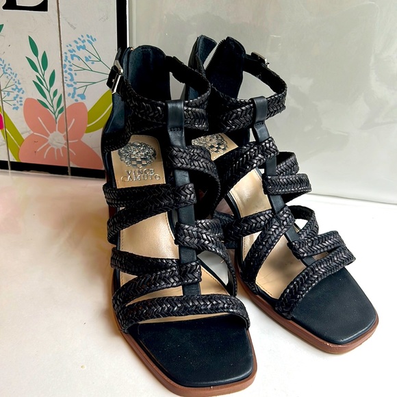 Vince Camuto Shoes - Vince Camuto Nissena Black Leather 3" Block Heel Strappy Sandals Size 8.5M